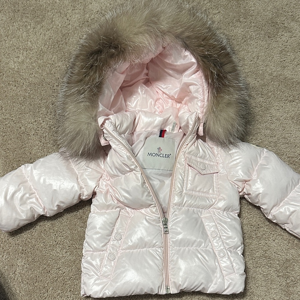 Moncler Light Pink Kids Puffer Coat with Fur Hood